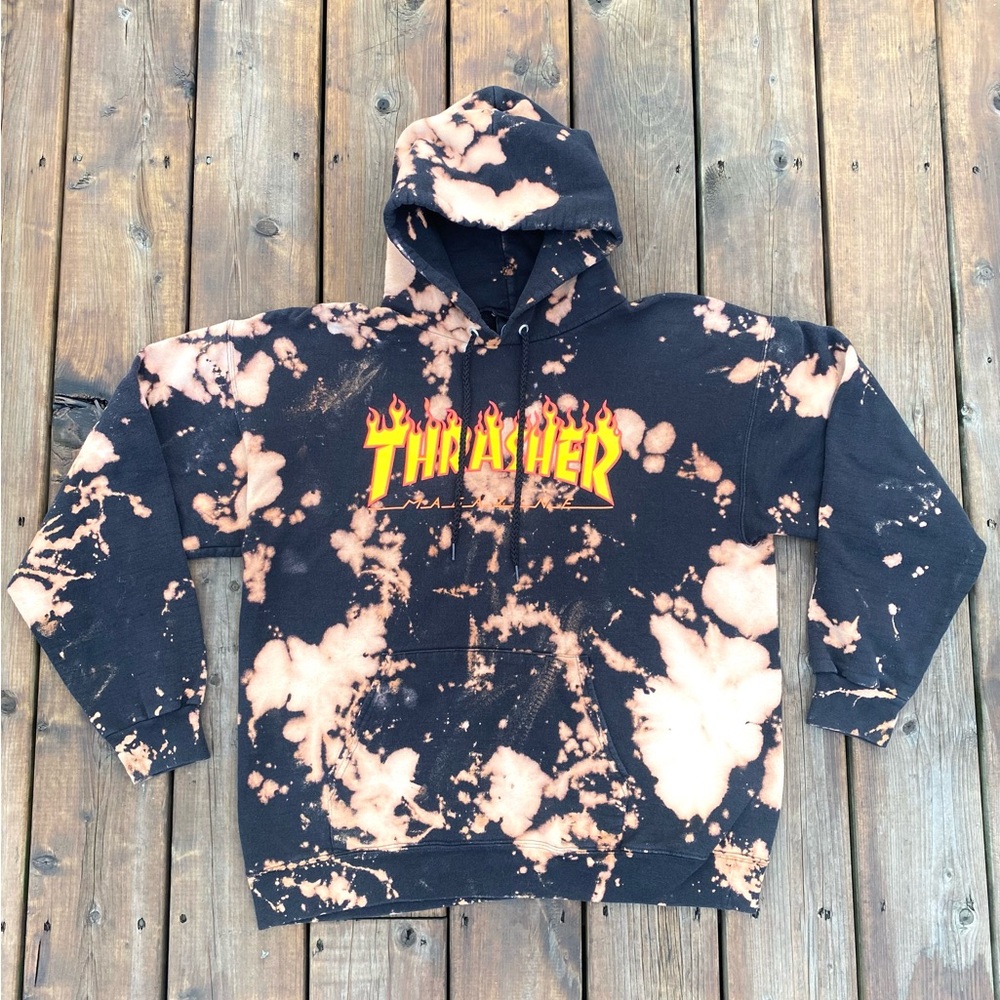 Thrasher Magazine Bleach Tie Dye Flame Logo Hoodie Sweater Black Brown Men's M